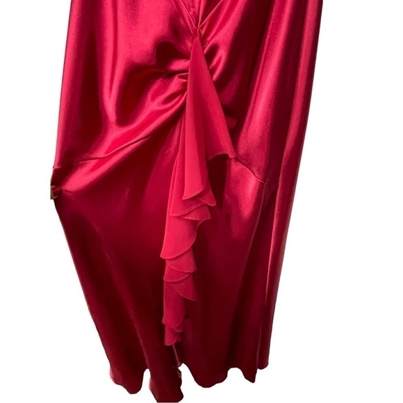 Betsy & Adam Red Satin Gown Sheer Halter Neck Short Train Back Ruffle, 6 - Picture 7 of 10